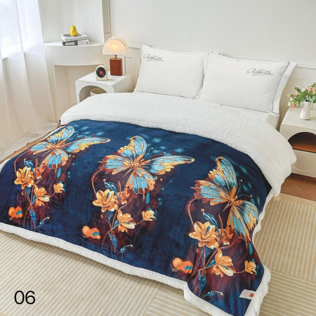 Patura Cocolino cu Blanita - Patura Cocolino cu blanita 200x230 cm bleumarin cu fluturi și flori galbene-PBE11