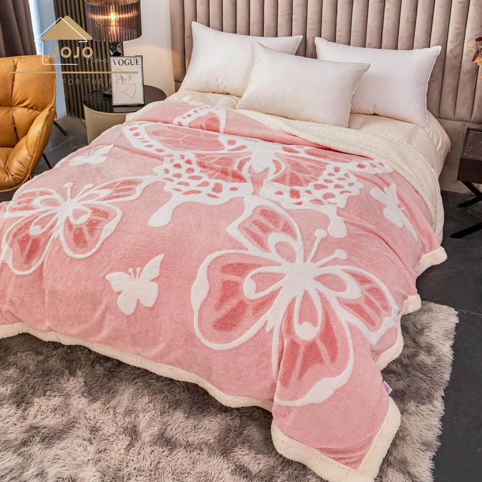 Patura Cocolino cu model - Patura Cocolino cu Blanita, 3D, roz cu fluturi albi mari-LK2