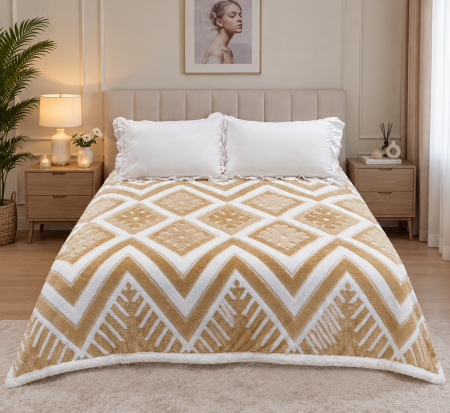 Patura Cocolino cu Blanita - Patura Cocolino Dubla cu Blanita bej cu alb, model geometric romburi și chevron-MS6