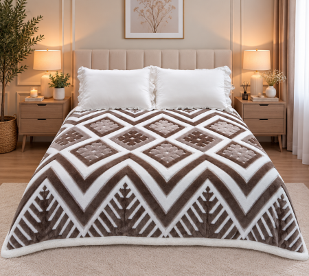 Patura Cocolino cu Blanita - Patura Cocolino Dubla cu Blanita gri și alb, model chevron geometric cu pătrate-MS7