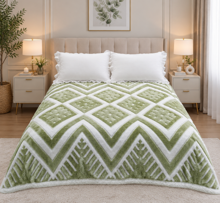 Patura Cocolino cu Blanita - Patura Cocolino Dubla cu Blanita Verde și alb cu diamante și chevron geometric-MS5