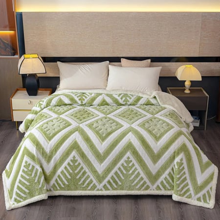 Patura Cocolino cu Blanita - Patura Cocolino Dubla cu Blanita Verde și alb cu diamante și chevron geometric-MS5
