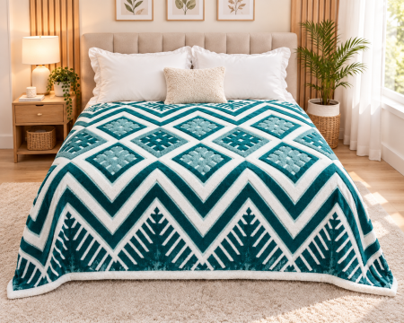 Patura Cocolino cu Blanita - Patura Cocolino Dubla cu Blanita verde și alb, model geometric chevron-MS2