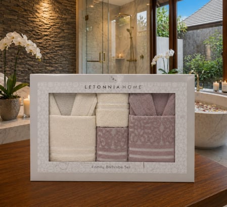 PROSOAPE SI HALATE - Set Cadou Family Bathrobe Letonnia Home, 6 Piese: 2 Halate de Baie + 4 Prosoape, Bumbac Premium-LH1