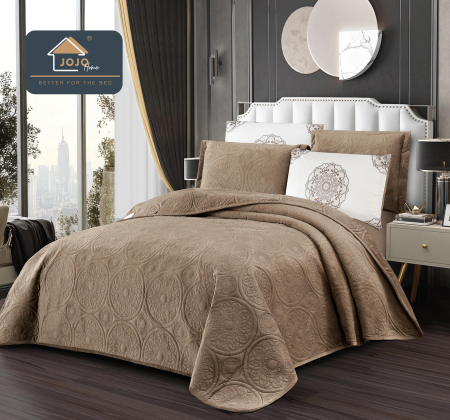 CUVERTURI - Set Cuvertura Catifea Eleganta 220x240cm + 4 Fete Perna crem cu damasc catifelat-LG9
