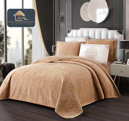 Cuverturi de Catifea - Set Cuvertura Catifea Eleganta 220x240cm + 4 Fete Perna crem cu model damasc baroc-LG10