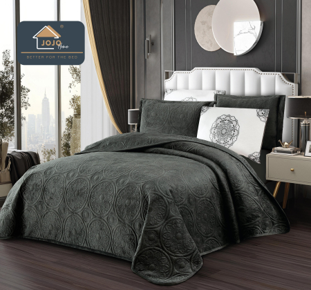 Cuverturi de Catifea - Set Cuvertura Catifea Eleganta 220x240cm + 4 Fete Perna Gri cu modelul damasc-LG8