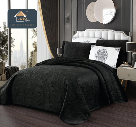 Cuverturi de Catifea - Set Cuvertura Catifea Eleganta 220x240cm + 4 Fete Perna negru cu model baroc catifelat-LG6