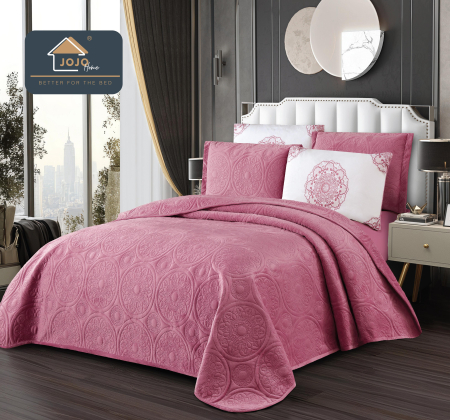 Cuverturi de Catifea - Set Cuvertura Catifea Eleganta 220x240cm + 4 Fete Perna roz cu model baroc catifelat-LG4