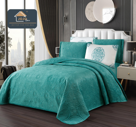 Cuverturi de Catifea - Set Cuvertura Catifea Eleganta 220x240cm + 4 Fete Perna turcoaz cu motiv baroc-LG5