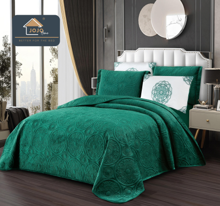 Cuverturi de Catifea - Set Cuvertura Catifea Eleganta 220x240cm + 4 Fete Perna verde cu mandala în relief baroc-LG7