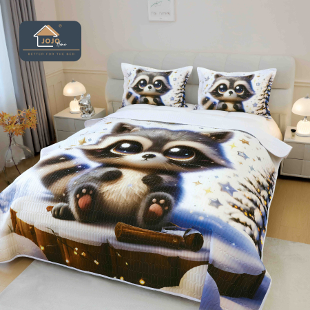 Cuverturi Elegante 3D - Set Cuvertura de pat 220x240 cm + 2 fete de perna alb cu imprimeu 3D racoon și stele-MP30