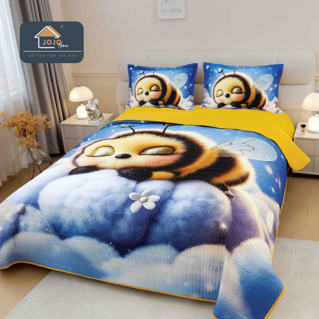 Cuverturi Elegante 3D - Set Cuvertura de pat 220x240 cm + 2 fete de perna albastru cu albina si floare, imprimeu 3D-MP19