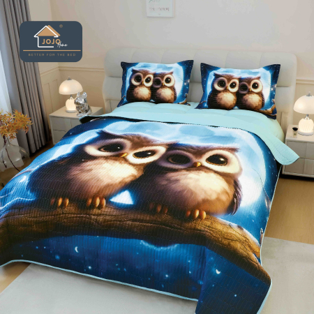 Cuverturi Elegante 3D - Set Cuvertura de pat 220x240 cm + 2 fete de perna albastru cu bufnite 3D-MP25