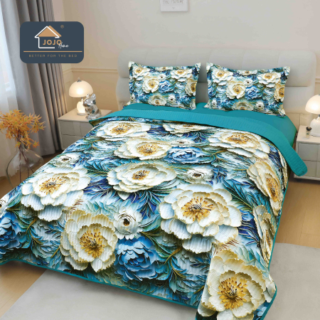 Cuverturi Elegante 3D - Set Cuvertura de pat 220x240 cm + 2 fete de perna albastru cu flori albe și galbene în stil 3D-MP9