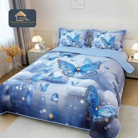 Cuverturi Elegante 3D - Set Cuvertura de pat 220x240 cm + 2 fete de perna albastru cu fluturi 3D și buline albe-MP31