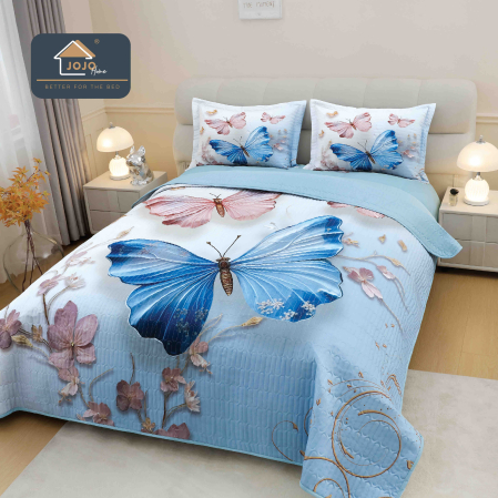 Cuverturi Elegante 3D - Set Cuvertura de pat 220x240 cm + 2 fete de perna albastru cu fluturi roz si albastri-MP7