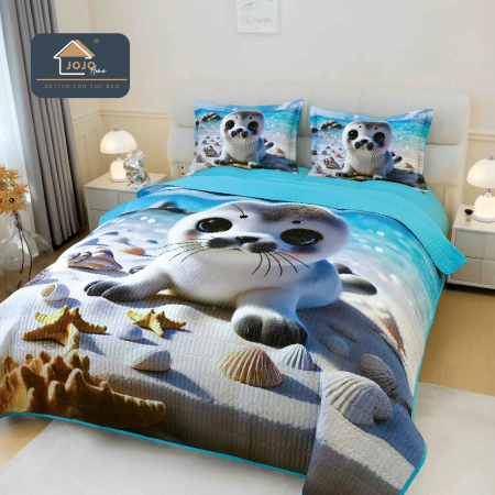 Cuverturi Elegante 3D - Set Cuvertura de pat 220x240 cm + 2 fete de perna albastru cu imprimeu 3D foca pe plaja-MP18