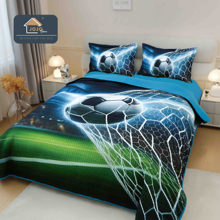 Cuverturi Elegante 3D - Set Cuvertura de pat 220x240 cm + 2 fete de perna albastru cu minge fotbal 3D-MP12