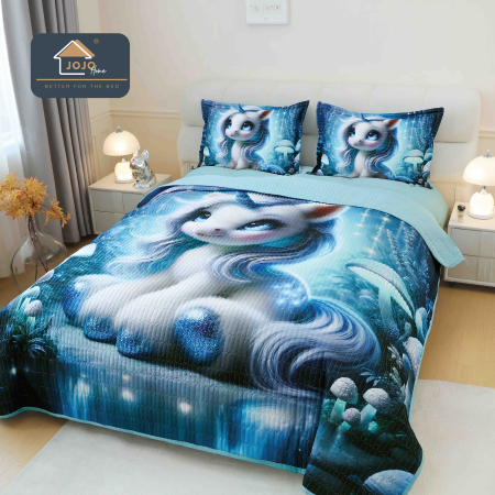 Cuverturi Elegante 3D - Set Cuvertura de pat 220x240 cm + 2 fete de perna albastru cu pisica fantasy 3D-MP10