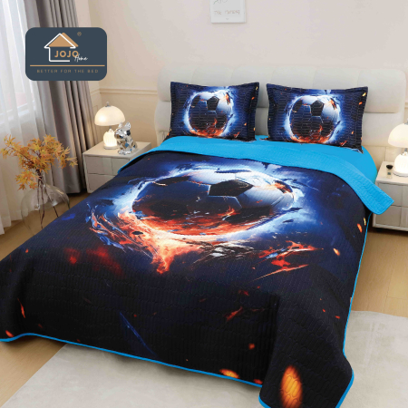 Cuverturi Elegante 3D - Set Cuvertura de pat 220x240 cm + 2 fete de perna Albastru inchis cu minge de fotbal si fulger 3D-MP33