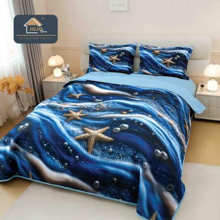 Cuverturi Elegante 3D - Set Cuvertura de pat 220x240 cm + 2 fete de perna albastru inchis cu stelute aurii si perle 3D-MP2