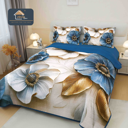 Cuverturi Elegante 3D - Set Cuvertura de pat 220x240 cm + 2 fete de perna albastru și alb cu flori aurii în stil 3D-MP4