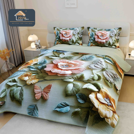Cuverturi Elegante 3D - Set Cuvertura de pat 220x240 cm + 2 fete de perna crem cu flori colorate și fluturi, imprimeu 3D-MP20