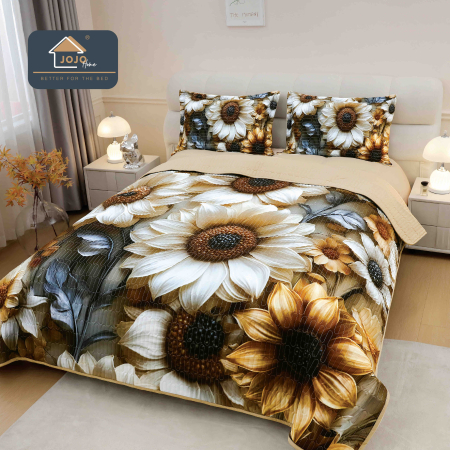 Cuverturi Elegante 3D - Set Cuvertura de pat 220x240 cm + 2 fete de perna crem cu flori de soare albe și galbene-MP32