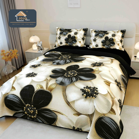 Cuverturi Elegante 3D - Set Cuvertura de pat 220x240 cm + 2 fete de perna crem cu floricele negre și aurii 3D-MP28