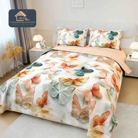 Cuverturi Elegante 3D - Set Cuvertura de pat 220x240 cm + 2 fete de perna crem cu fluturi multicolori imprimeu 3D-MP35