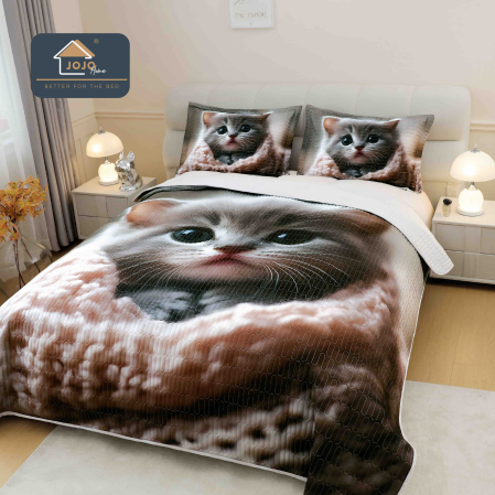 Cuverturi Elegante 3D - Set Cuvertura de pat 220x240 cm + 2 fete de perna gri cu pisica 3D-MP34