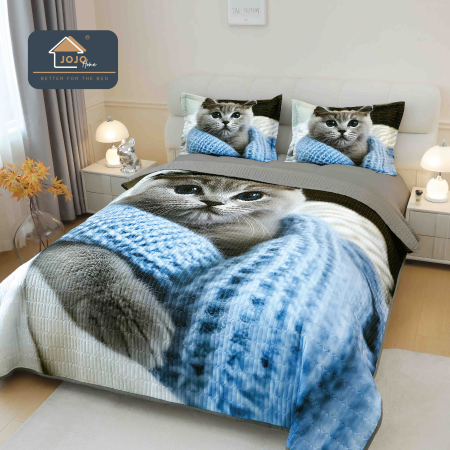 Cuverturi Elegante 3D - Set Cuvertura de pat 220x240 cm + 2 fete de perna Gri cu pisică albastră și imprimeu 3D-MP6