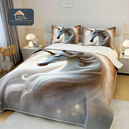 Cuverturi Elegante 3D - Set Cuvertura de pat 220x240 cm + 2 fete de perna imprimeu 3D cal alb și gri-MP29