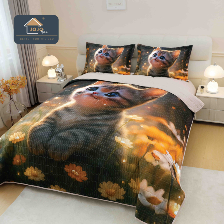 Cuverturi Elegante 3D - Set Cuvertura de pat 220x240 cm + 2 fete de perna negru cu pisica si flori galbene 3D-MP11