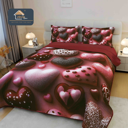 Cuverturi Elegante 3D - Set Cuvertura de pat 220x240 cm + 2 fete de perna roșu burgundy cu inimă și mărgele 3D-MP23