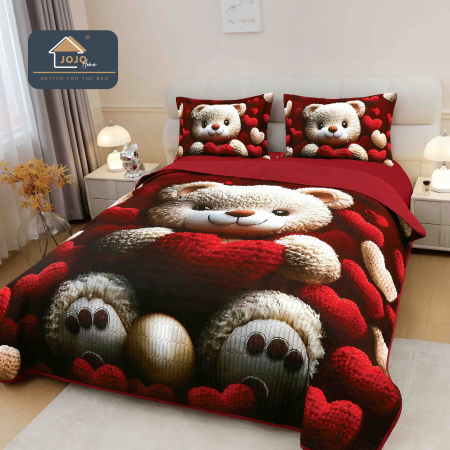 Cuverturi Elegante 3D - Set Cuvertura de pat 220x240 cm + 2 fete de perna roșu cu urs și inimioare 3D-MP36