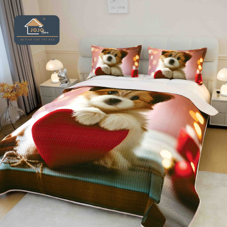 Cuverturi Elegante 3D - Set Cuvertura de pat 220x240 cm + 2 fete de perna roz cu catelus si inimioare 3D-MP13