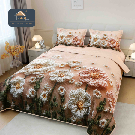 Cuverturi Elegante 3D - Set Cuvertura de pat 220x240 cm + 2 fete de perna roz cu flori albe si corai in relief 3D-MP27