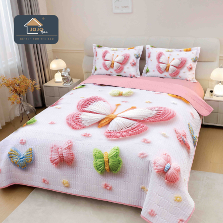 Cuverturi Elegante 3D - Set Cuvertura de pat 220x240 cm + 2 fete de perna roz cu fluturi colorati 3D-MP17