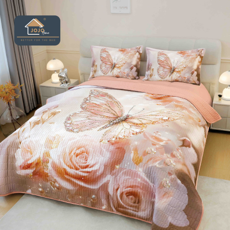 Cuverturi Elegante 3D - Set Cuvertura de pat 220x240 cm + 2 fete de perna roz cu fluturi si trandafiri in stil 3D-MP21
