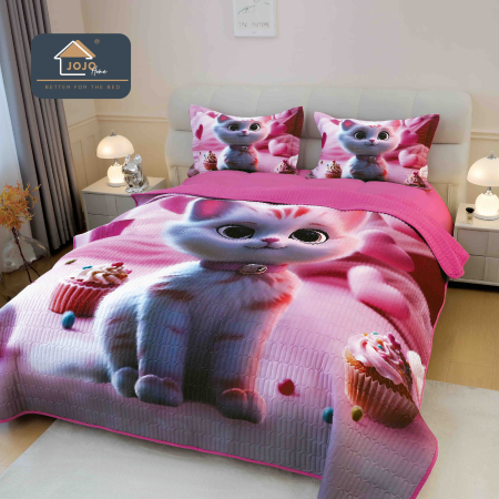 Cuverturi Elegante 3D - Set Cuvertura de pat 220x240 cm + 2 fete de perna roz cu pisica 3D și cupcakes-MP15