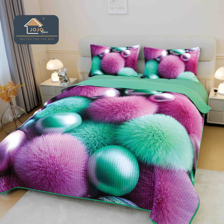Cuverturi Elegante 3D - Set Cuvertura de pat 220x240 cm + 2 fete de perna roz și verde cu sfere pufose 3D-MP22