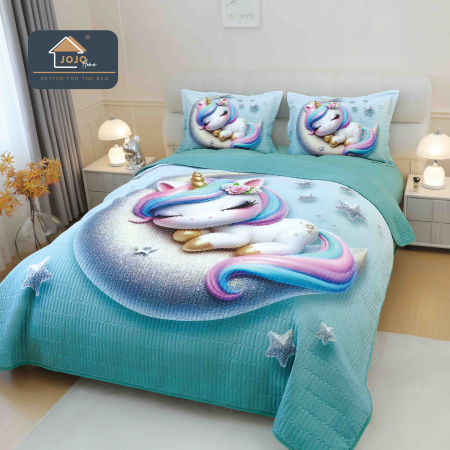 Cuverturi Elegante 3D - Set Cuvertura de pat 220x240 cm + 2 fete de perna turcoaz cu unicorn colorat 3D-MP5
