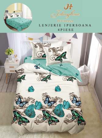LENJERII DE PAT 1 PERSOANA & COPII - Set lenjerie de pat 4 piese, bumbac, fluturi turcoaz și alb-P118