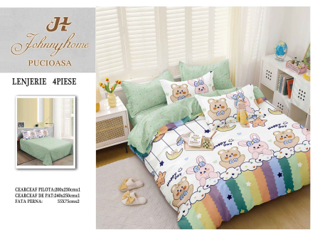 Set lenjerie de pat 4 piese bumbac satinat cu ursuleti si arcoiris colorat-BS684 [1]