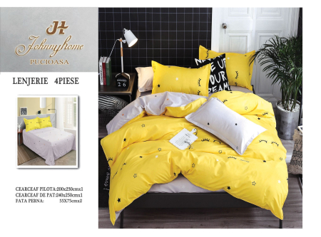Lenjerii Bumbac Satinat - Set lenjerie de pat 4 piese bumbac satinat galben cu stelute-BS276