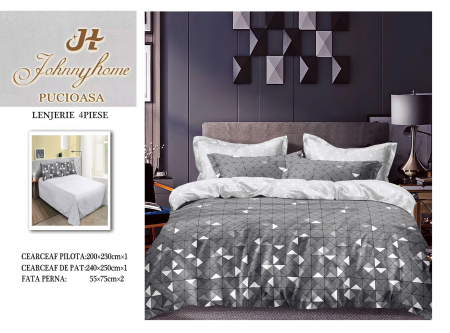 Lenjerii Bumbac Satinat - Set lenjerie de pat 4 piese bumbac satinat gri cu model geometric-BS561