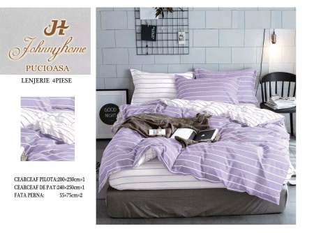 Lenjerii Bumbac Satinat - Set lenjerie de pat 4 piese, bumbac satinat, model dungi lila-BS95