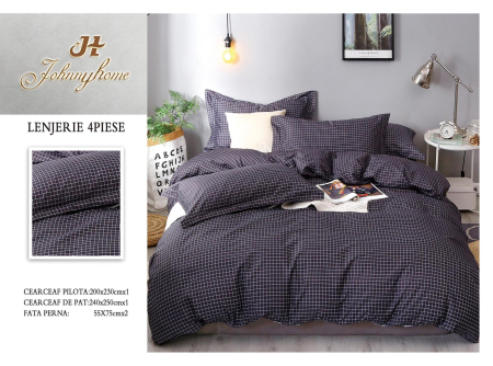 Lenjerii Bumbac Satinat - Set lenjerie de pat 4 piese cu carouri albastre, bumbac satinat-BS580